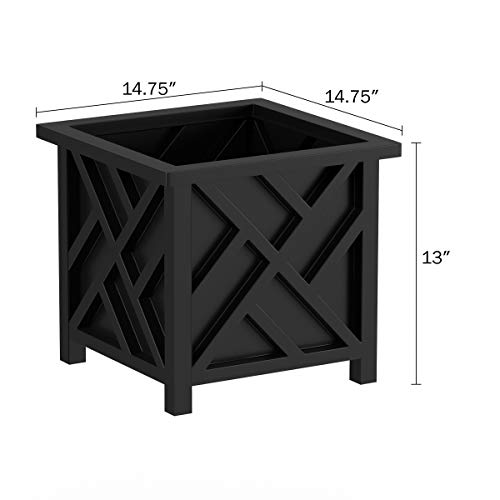Pure Garden Lattice Design Planter Box – 14.75-Inch-Square Decorative Outdoor Flower or Plant Pot – Front Porch, Patio, and Garden Decor (Black)