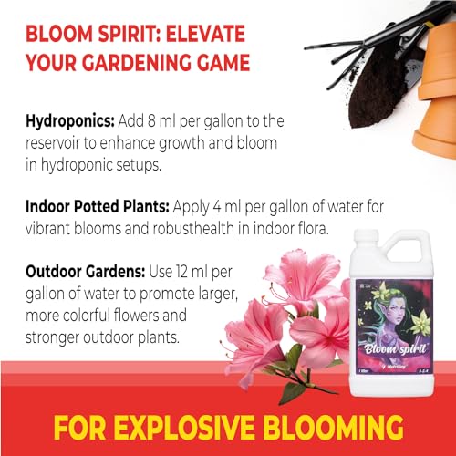 Bloom Fertilizer - Perfect Liquid Fertilizer for Outdoor Plants and Exceptional Liquid Plant Fertilizer Indoor Potted Plants. Used as Soil and Hydroponic Nutrient Solution, Bloom Spirit 0-5-4 32 Oz