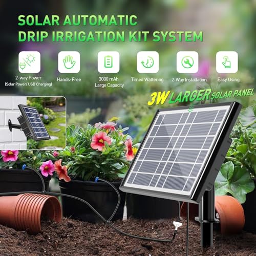 Solar Drip Irrigation Kit System, Customized 1620 Times Modes Garden Watering System，3W 3000mAh Larger Capacity，Auto Easy DIY Watering Device, Automatic Outdoor/Indoor Irrigation,Support 15Pots