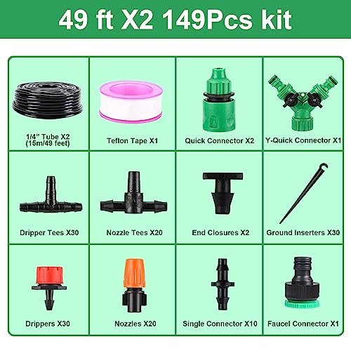 DUCHIFAD Garden Drip Irrigation Kit,98FT Greenhouse Micro Automatic Drip Irrigation System Kit with 1/4 inch Blank Distribution Tubing Hose Adjustable Patio Misting Nozzle Emitters Sprinkler