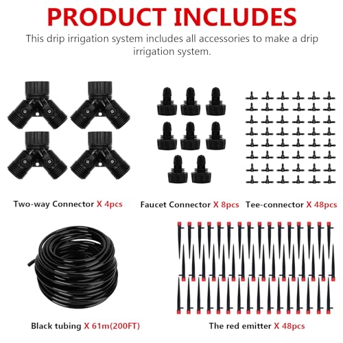 HXXF 200FT Drip Irrigation System, Garden Watering System with 1/4 inch Blank Distribution Tubing, DIY Automatic Irrigation Equipment Set for Garden, Greenhouse, Flower Bed, Patio, Lawn