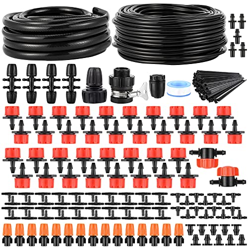 164FT 190 Pcs Drip Irrigation Kit,Garden Irrigation System 1/4" 1/2” Blank Distribution Tubing Watering Drip Kit Automatic Irrigation Equipment for Garden Greenhouse, Flower Bed,Patio,Lawn (164 FT)