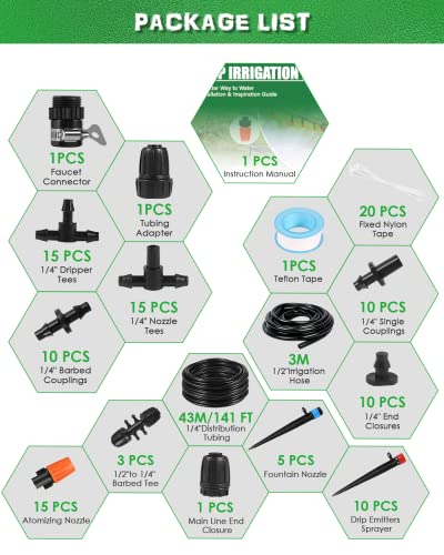 W-Dragon Drip Irrigation Kit,43m/141ft Garden Watering System with Quick Adapter 1/4 Distribution Tubing Hose Adjustable Nozzle Water Sprinkler No Leaking Automatic Misting for Greenhouse Blue-Orange