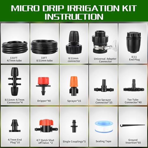 164FT 190 Pcs Drip Irrigation Kit,Garden Irrigation System 1/4" 1/2” Blank Distribution Tubing Watering Drip Kit Automatic Irrigation Equipment for Garden Greenhouse, Flower Bed,Patio,Lawn (164 FT)