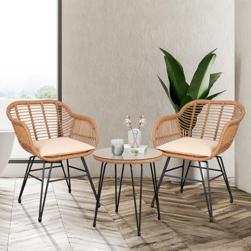 3 Piece Wicker Bistro Set with Table and Cushions