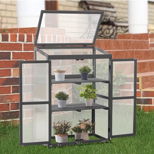 MCombo Greenhouse Wooden Cold Frame Greenhouse, Garden Portable Mini Greenhouse Cabinet, Raised Flower Planter Shelf Protection for Outdoor Indoor Use, 0760 (Dark Grey)