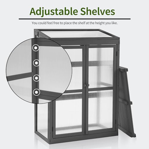 MCombo Greenhouse Wooden Cold Frame Greenhouse, Garden Portable Mini Greenhouse Cabinet, Raised Flower Planter Shelf Protection for Outdoor Indoor Use, 0760 (Dark Grey)