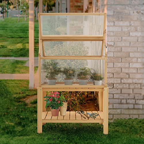 MCombo Cold Frame Greenhouse, Portable Wooden Greenhouse Raised Potted Plant Protection Box with Shelf for Outdoor Indoor Use, 0266 (Natural)