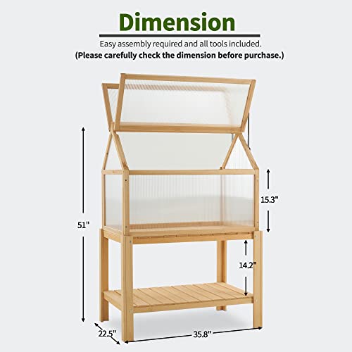 MCombo Cold Frame Greenhouse, Portable Wooden Greenhouse Raised Potted Plant Protection Box with Shelf for Outdoor Indoor Use, 0266 (Natural)
