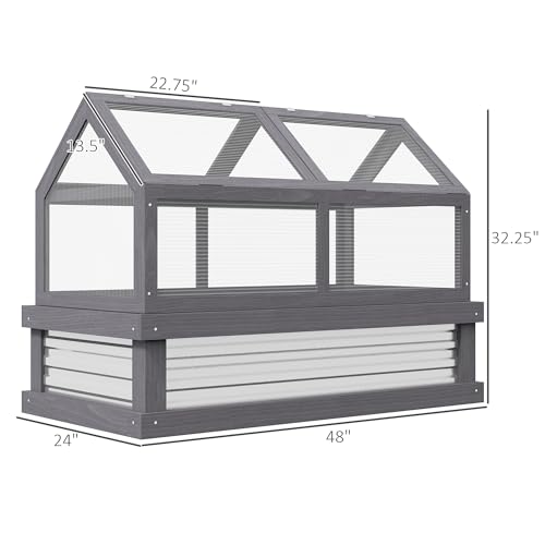 Outsunny Raised Garden Bed with Polycarbonate Greenhouse, Wooden Garden Cold Frame Greenhouse, Flower Planter Protection, 48" x 24" x 32", Gray