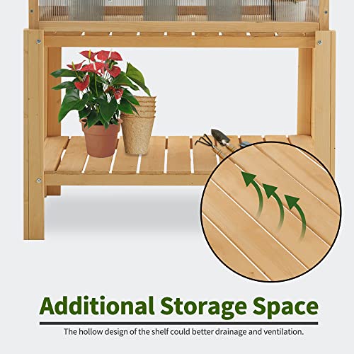 MCombo Cold Frame Greenhouse, Portable Wooden Greenhouse Raised Potted Plant Protection Box with Shelf for Outdoor Indoor Use, 0266 (Natural)