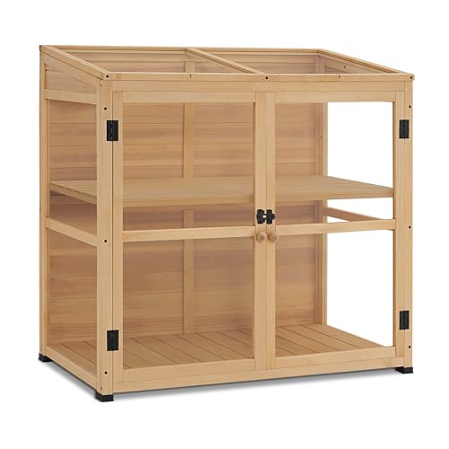 MCombo Wooden Cold Frame Greenhouse, Wooden Greenhouse Cabinet Kit with Adjustable Shelf & Lockable Door, Fully Transparent Polycarbonate Greenhouse for Outdoor Indoor Use, 0718 (Natural)