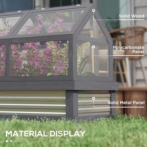 Outsunny Raised Garden Bed with Polycarbonate Greenhouse, Wooden Garden Cold Frame Greenhouse, Flower Planter Protection, 48" x 24" x 32", Gray