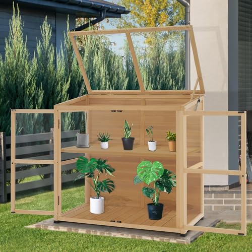 MCombo Wooden Cold Frame Greenhouse, Wooden Greenhouse Cabinet Kit with Adjustable Shelf & Lockable Door, Fully Transparent Polycarbonate Greenhouse for Outdoor Indoor Use, 0718 (Natural)