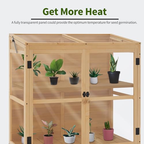 MCombo Wooden Cold Frame Greenhouse, Wooden Greenhouse Cabinet Kit with Adjustable Shelf & Lockable Door, Fully Transparent Polycarbonate Greenhouse for Outdoor Indoor Use, 0718 (Natural)