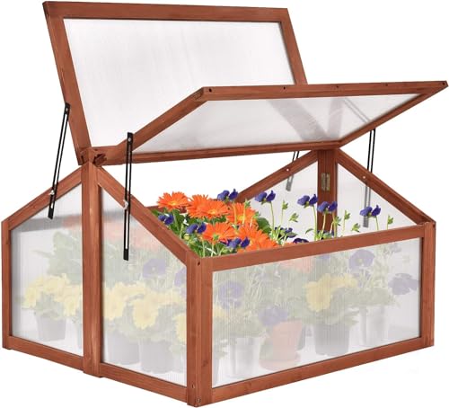 Happygrill Cold Frame, Indoor Outdoor Greenhouse with Foldable Transparent Top, Adjustable Stays & Easy Installation, Portable Mini Greenhouse for Balcony, Garden, Backyard, 35.5" L x 31.5" W x 23" H