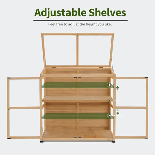 MCombo Wooden Cold Frame Greenhouse, Wooden Greenhouse Cabinet Kit with Adjustable Shelf & Lockable Door, Fully Transparent Polycarbonate Greenhouse for Outdoor Indoor Use, 0718 (Natural)