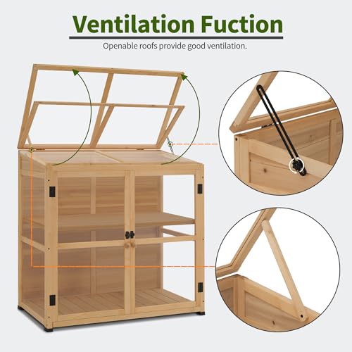 MCombo Wooden Cold Frame Greenhouse, Wooden Greenhouse Cabinet Kit with Adjustable Shelf & Lockable Door, Fully Transparent Polycarbonate Greenhouse for Outdoor Indoor Use, 0718 (Natural)