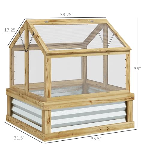 Outsunny Raised Garden Bed with Polycarbonate Greenhouse, Wooden Cold Frame Greenhouse, Garden Flower Planter Protection, Peak Roof, 35.5" x 31.5" x 36", Natural