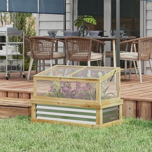 Outsunny Raised Garden Bed with Polycarbonate Greenhouse, Lean-to Garden Wooden Cold Frame Greenhouse, Flower Planter Protection, Lean to Roof, 41" x 22.5" x 28.25", Natural