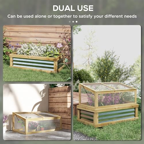 Outsunny Raised Garden Bed with Polycarbonate Greenhouse, Lean-to Garden Wooden Cold Frame Greenhouse, Flower Planter Protection, Lean to Roof, 41" x 22.5" x 28.25", Natural