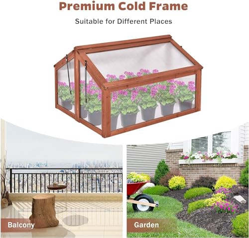 Happygrill Cold Frame, Indoor Outdoor Greenhouse with Foldable Transparent Top, Adjustable Stays & Easy Installation, Portable Mini Greenhouse for Balcony, Garden, Backyard, 35.5" L x 31.5" W x 23" H