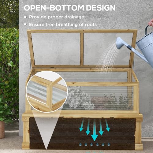 Outsunny Raised Garden Bed with Polycarbonate Greenhouse, Lean-to Garden Wooden Cold Frame Greenhouse, Flower Planter Protection, Lean to Roof, 41" x 22.5" x 28.25", Natural