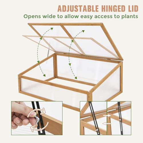 EAGLE PEAK Garden Cold Frame Greenhouse, Use on The Ground or on Raised Garden Beds, 39.4''x25.4''x15.9'', Wood Frame with PC Windows, Portable Wooden Greenhouse, Raised Flower Planter, Natural