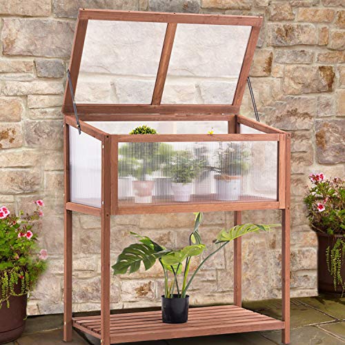 MCombo Wooden Greenhouse Cold Frame, Portable Garden Mini Greenhouse Kit with Shelf for Outdoor Indoor Use, 0250