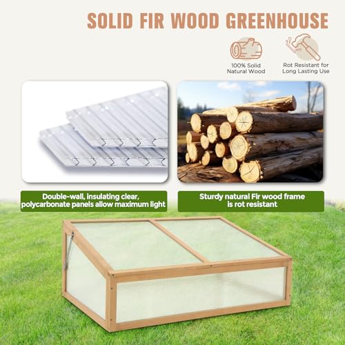EAGLE PEAK Garden Cold Frame Greenhouse, Use on The Ground or on Raised Garden Beds, 39.4''x25.4''x15.9'', Wood Frame with PC Windows, Portable Wooden Greenhouse, Raised Flower Planter, Natural