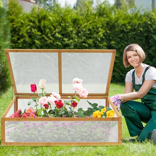 EAGLE PEAK Garden Cold Frame Greenhouse, Use on The Ground or on Raised Garden Beds, 39.4''x25.4''x15.9'', Wood Frame with PC Windows, Portable Wooden Greenhouse, Raised Flower Planter, Natural