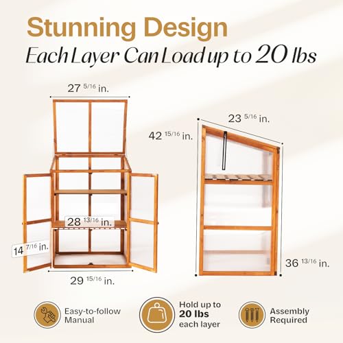 IDZO Fir Wood Cold Frame Greenhouse for Outdoors, 2-Tier Greenhouse Cabinet with Transparent Polycarbonate Sheet & Foldable Top Creates an Ideal Environment for Various Plant Growth, Easy Assembly