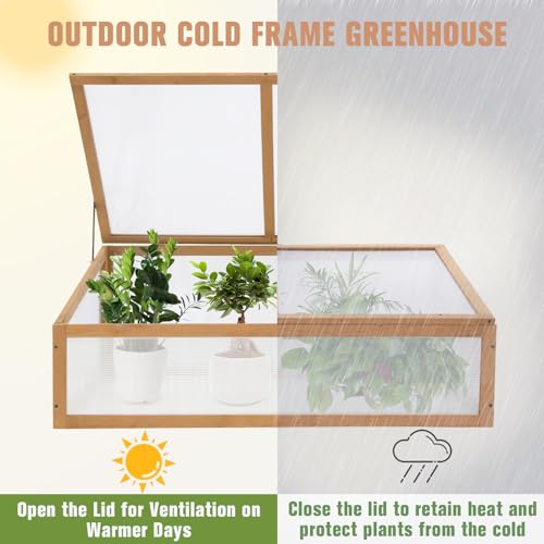 EAGLE PEAK Garden Cold Frame Greenhouse, Use on The Ground or on Raised Garden Beds, 39.4''x25.4''x15.9'', Wood Frame with PC Windows, Portable Wooden Greenhouse, Raised Flower Planter, Natural
