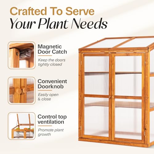 IDZO Fir Wood Cold Frame Greenhouse for Outdoors, 2-Tier Greenhouse Cabinet with Transparent Polycarbonate Sheet & Foldable Top Creates an Ideal Environment for Various Plant Growth, Easy Assembly