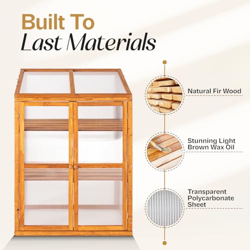 IDZO Fir Wood Cold Frame Greenhouse for Outdoors, 2-Tier Greenhouse Cabinet with Transparent Polycarbonate Sheet & Foldable Top Creates an Ideal Environment for Various Plant Growth, Easy Assembly