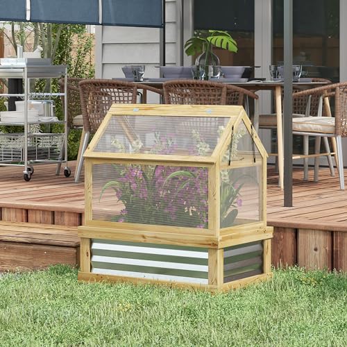 Outsunny Raised Garden Bed with Polycarbonate Greenhouse, Wooden Cold Frame Greenhouse, Garden Flower Planter Protection, Peak Roof, 35.5" x 22.5" x 38.25", Natural