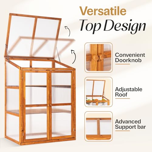 IDZO Fir Wood Cold Frame Greenhouse for Outdoors, 2-Tier Greenhouse Cabinet with Transparent Polycarbonate Sheet & Foldable Top Creates an Ideal Environment for Various Plant Growth, Easy Assembly