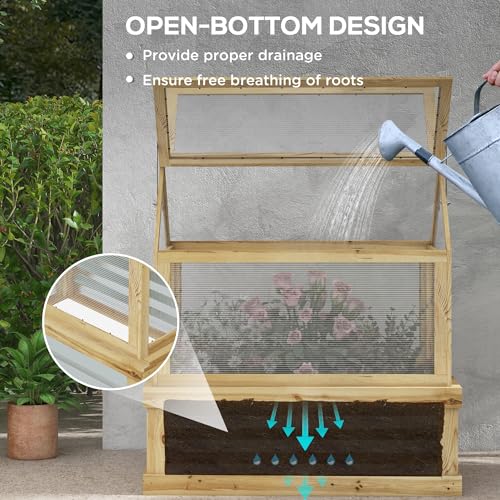 Outsunny Raised Garden Bed with Polycarbonate Greenhouse, Wooden Cold Frame Greenhouse, Garden Flower Planter Protection, Peak Roof, 35.5" x 22.5" x 38.25", Natural