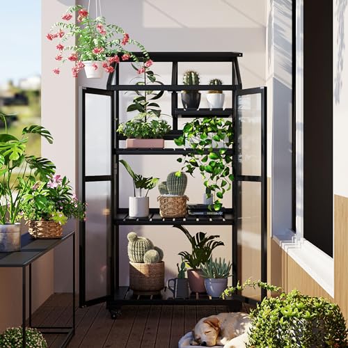 Polibi Wooden Greenhouse, Cold Frame Portable Greenhouse with Wheels and Adjustable Shelves for Indoor Outdoor Patio Balcony Garden, 31.5" Lx22.4 Wx62 H, Black