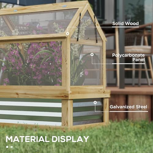 Outsunny Raised Garden Bed with Polycarbonate Greenhouse, Wooden Cold Frame Greenhouse, Garden Flower Planter Protection, Peak Roof, 35.5" x 22.5" x 38.25", Natural