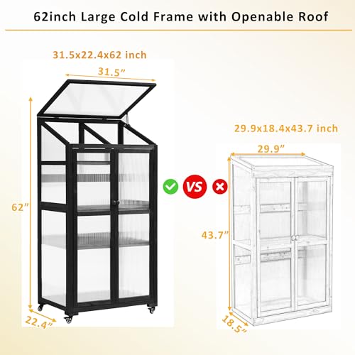 Polibi Wooden Greenhouse, Cold Frame Portable Greenhouse with Wheels and Adjustable Shelves for Indoor Outdoor Patio Balcony Garden, 31.5" Lx22.4 Wx62 H, Black