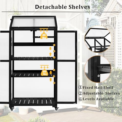 Polibi Wooden Greenhouse, Cold Frame Portable Greenhouse with Wheels and Adjustable Shelves for Indoor Outdoor Patio Balcony Garden, 31.5" Lx22.4 Wx62 H, Black