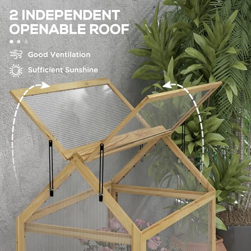 Outsunny Raised Garden Bed with Polycarbonate Greenhouse, Wooden Cold Frame Greenhouse, Garden Flower Planter Protection, Peak Roof, 35.5" x 22.5" x 38.25", Natural