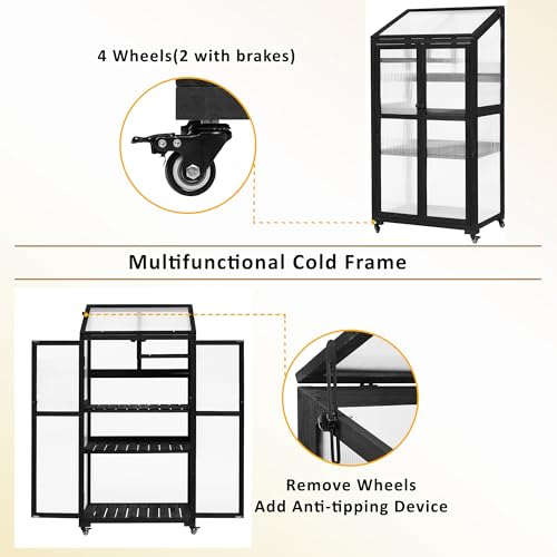 Polibi Wooden Greenhouse, Cold Frame Portable Greenhouse with Wheels and Adjustable Shelves for Indoor Outdoor Patio Balcony Garden, 31.5" Lx22.4 Wx62 H, Black