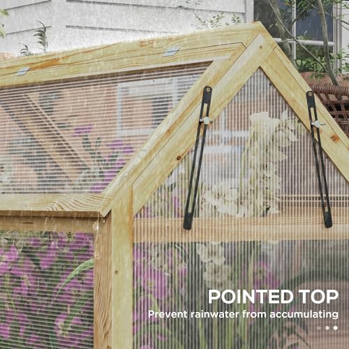 Outsunny Raised Garden Bed with Polycarbonate Greenhouse, Wooden Cold Frame Greenhouse, Garden Flower Planter Protection, Peak Roof, 35.5" x 22.5" x 38.25", Natural