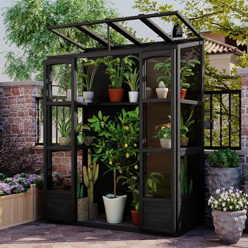 FurGenius 78 Inch Wooden Large Cold Frame Greenhouse with Openable Roof and 2-Tier Shelves, Balcony Portable Greenhouse Cabinet, Walk-in Hot House for Outdoor Indoor Garden Use, Black