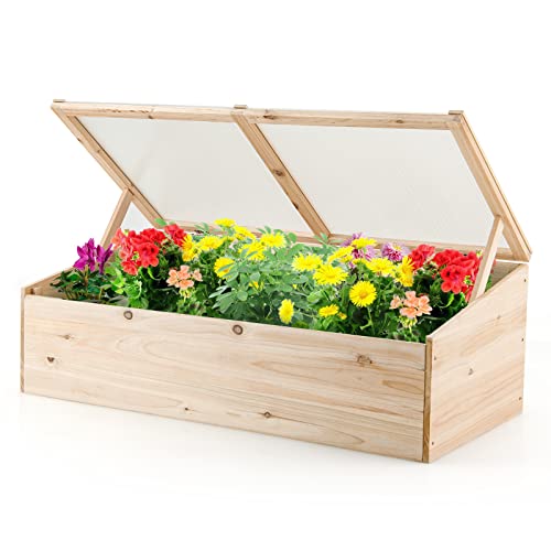 Happygrill Cold Frame Greenhouse, Wood Potable Greenhouse with Foldable Top, Transparent Lid, Raised Planter Box Protection, Indoor & Outdoor Mini Greenhouse for Garden, Patio, Balcony, Terrace