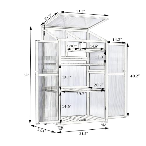 Polibi Wooden Greenhouse, Cold Frame Portable Greenhouse with Wheels and Adjustable Shelves for Indoor Outdoor Patio Balcony Garden, 31.5" Lx22.4 Wx62 H, Black