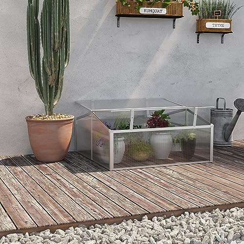 Outsunny 39" Outdoor Aluminum Cold Frame Greenhouse, Mini Polycarbonate Greenhouse with Adjustable Roof for Plant, Vegetables, and Flowers in Garden, Patio, Yard - Silver