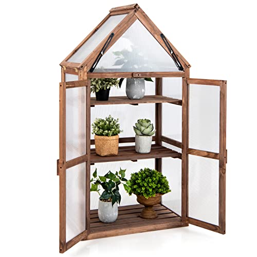 Happygrill Cold Frame Greenhouse, Mini Wooden Greenhouse Raised Flower Planter Shelf with Transparent Openable Roof, Double Doors & 3 Tier Shelves, Indoor Outdoor Greenhouse for Garden Yard Balcony